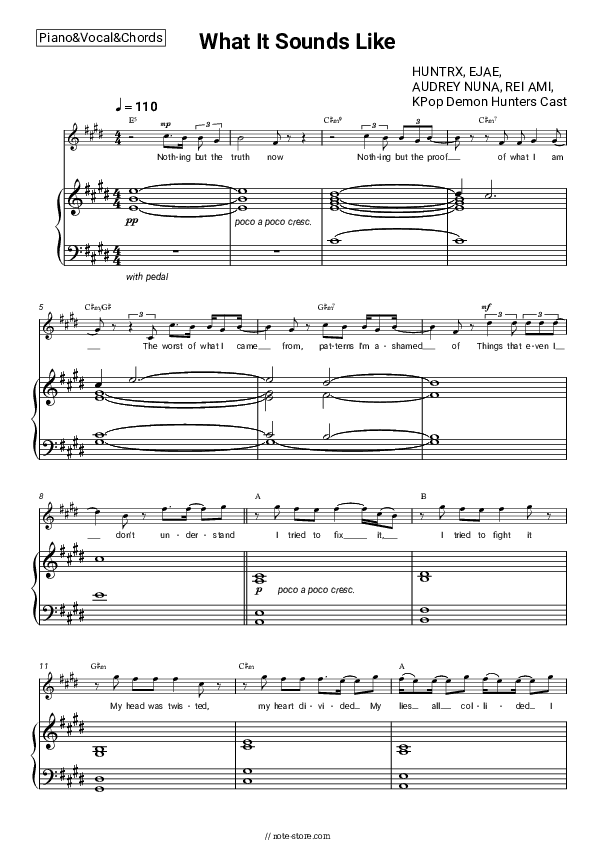 What It Sounds Like - HUNTRX, EJAE, AUDREY NUNA, REI AMI, KPop Demon Hunters Cast Piano Sheet Music with the Vocal and Chords - Piano&Vocal&Chords