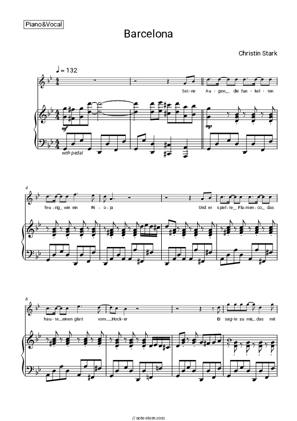 Barcelona - Christin Stark Piano Sheet Music with the Voice part - Piano&Vocal