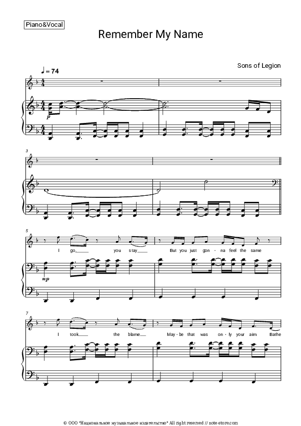 Remember My Name - Sons of Legion Piano Sheet Music with the Voice part - Piano&Vocal