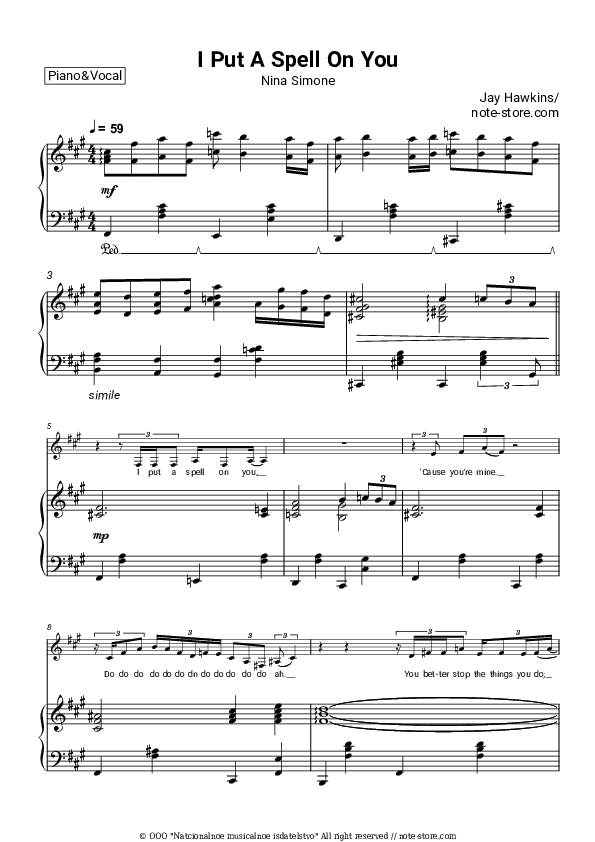 I Put A Spell On You - Nina Simone Piano Sheet Music with the Voice part - Piano&Vocal