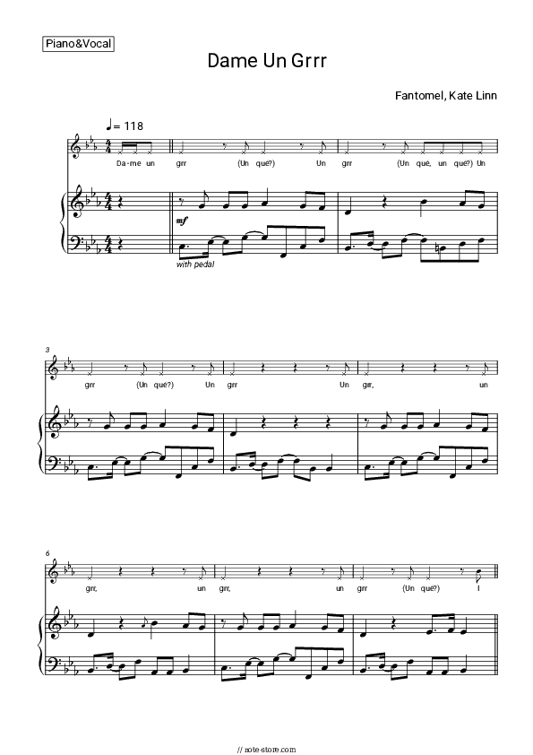 Dame Un Grrr - Fantomel, Kate Linn Piano Sheet Music with the Voice part - Piano&Vocal