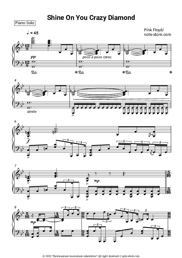 Shine On You Crazy Diamond - Pink Floyd Piano Sheet Music - Piano.Solo