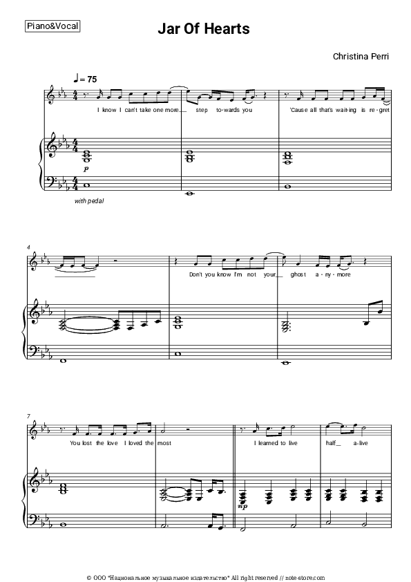 Jar Of Hearts - Christina Perri Piano Sheet Music with the Voice part - Piano&Vocal