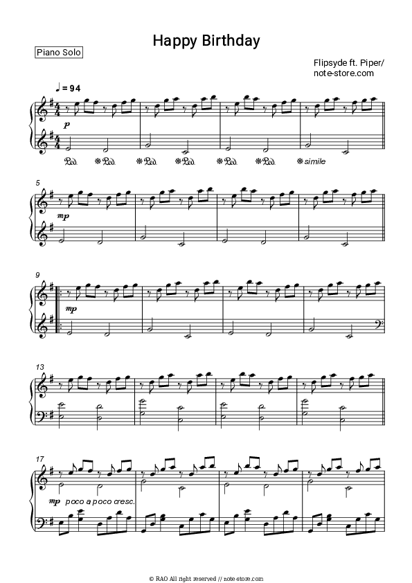 Happy Birthday - Flipsyde Piano Sheet Music - Piano.Solo