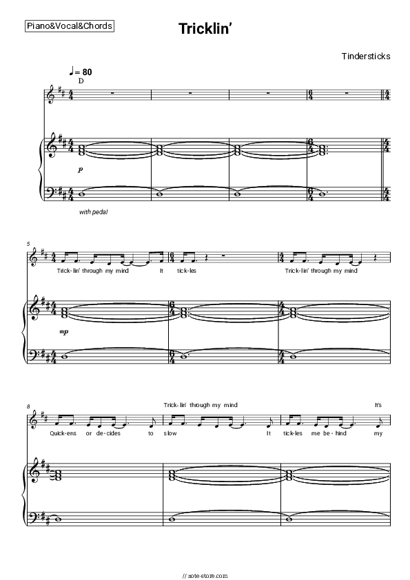 Tricklin’ - Tindersticks Piano Sheet Music with the Vocal and Chords - Piano&Vocal&Chords