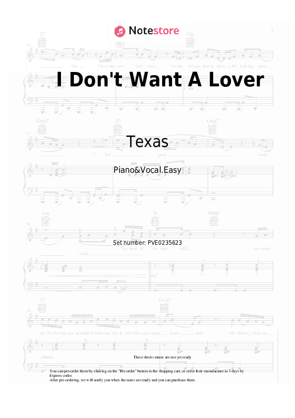 I Don't Want A Lover - Texas Piano Sheet Music Easy and Vocal - Piano&Vocal.Easy