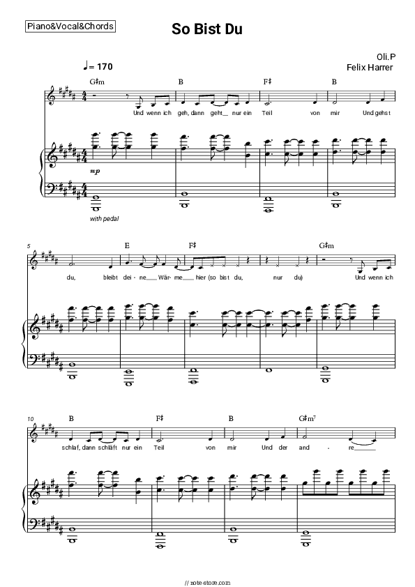So Bist Du - Oli.P, Felix Harrer Piano Sheet Music with the Vocal and Chords - Piano&Vocal&Chords