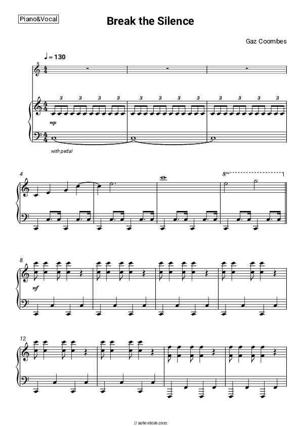 Break the Silence - Gaz Coombes Piano Sheet Music with the Voice part - Piano&Vocal