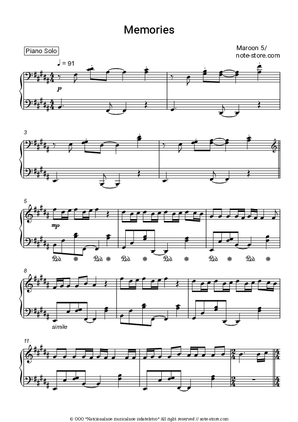 Memories - Maroon 5 Piano Sheet Music - Piano.Solo