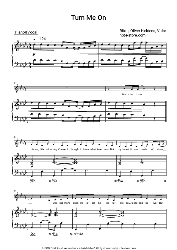 Turn Me On - Riton, Oliver Heldens, Vula Piano Sheet Music with the Voice part - Piano&Vocal