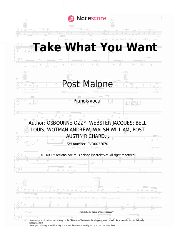 Take What You Want - Post Malone, Travis Scott, Ozzy Osbourne Piano Sheet Music with the Voice part - Piano&Vocal