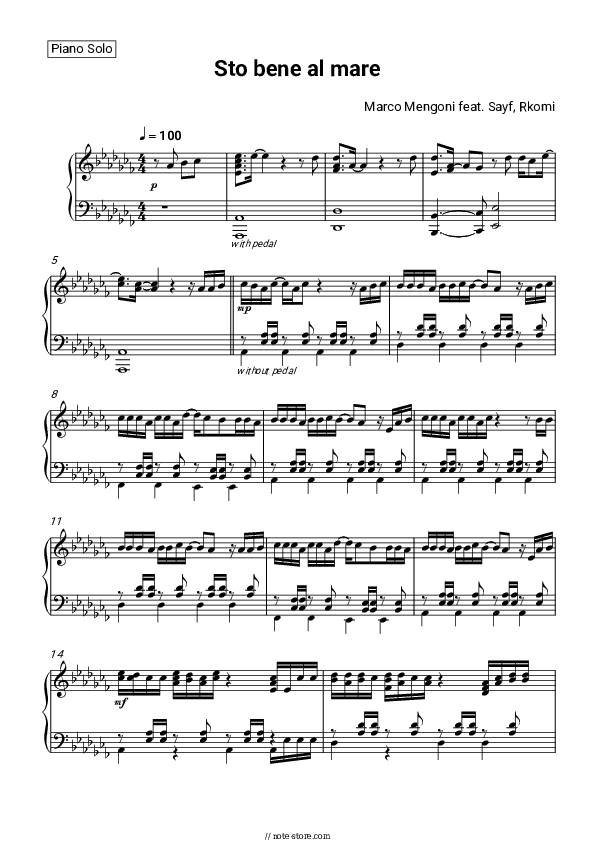 Sto bene al mare - Marco Mengoni, Sayf, Rkomi Piano Sheet Music - Piano.Solo