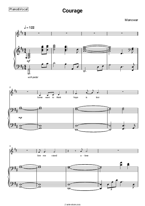 Courage - Manowar Piano Sheet Music with the Voice part - Piano&Vocal