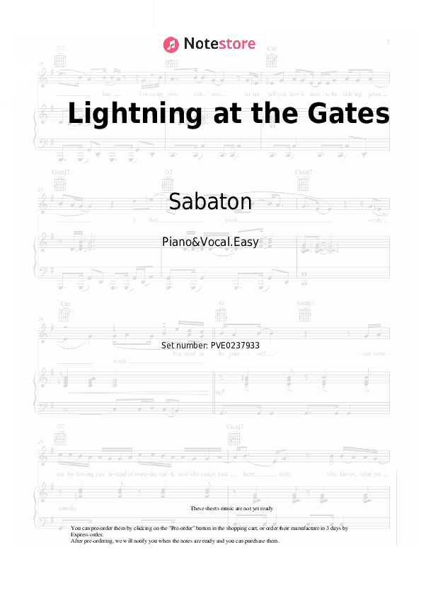Lightning at the Gates - Sabaton Piano Sheet Music Easy and Vocal - Piano&Vocal.Easy