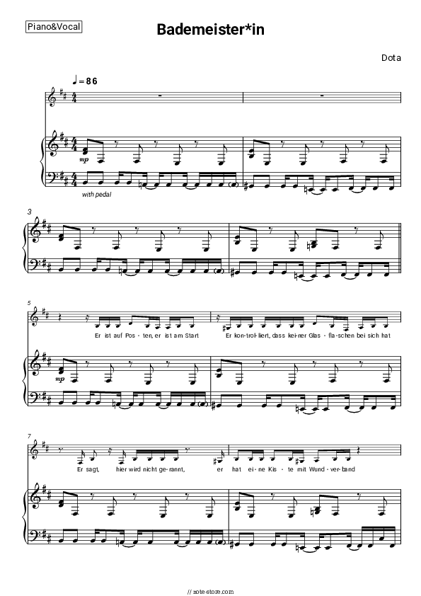 Bademeister*in - Dota Piano Sheet Music with the Voice part - Piano&Vocal