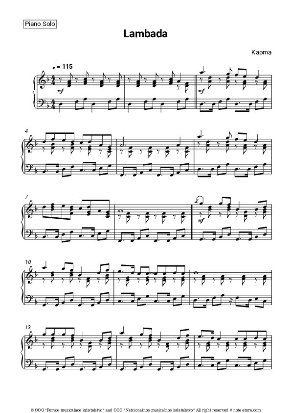 Lambada - Kaoma Piano Sheet Music - Piano.Solo