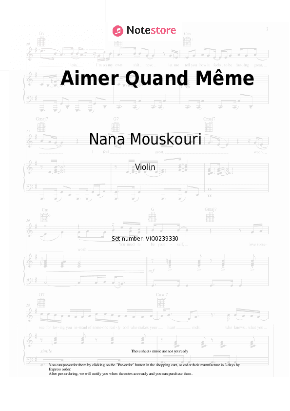 Aimer Quand Même - Nana Mouskouri Violin Sheet Music - Violin