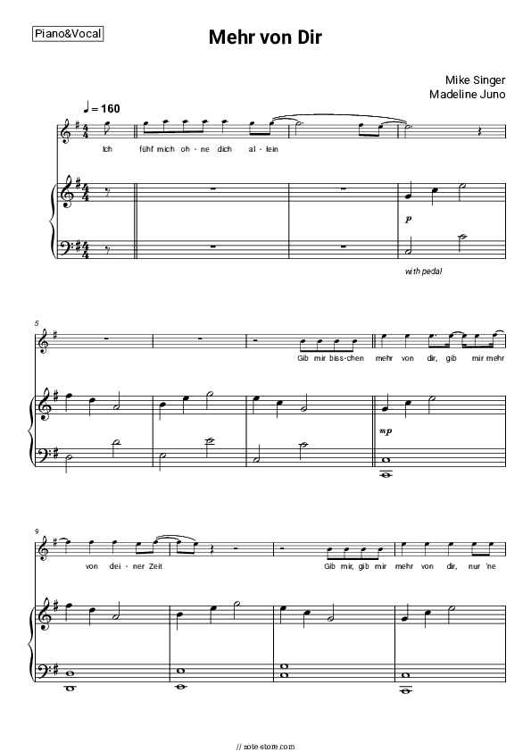 Mehr von Dir - Mike Singer, Madeline Juno Piano Sheet Music with the Voice part - Piano&Vocal