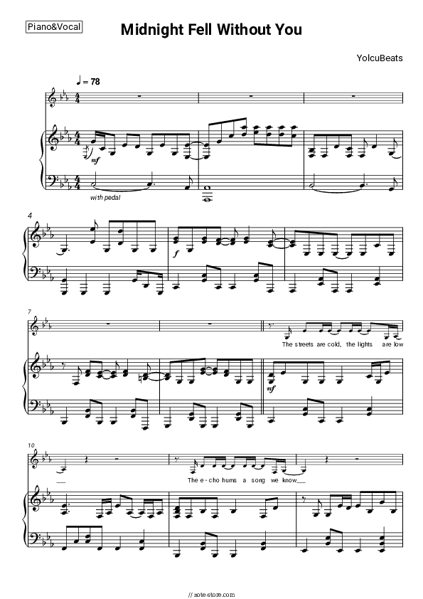 Midnight Fell Without You - YolcuBeats Piano Sheet Music with the Voice part - Piano&Vocal