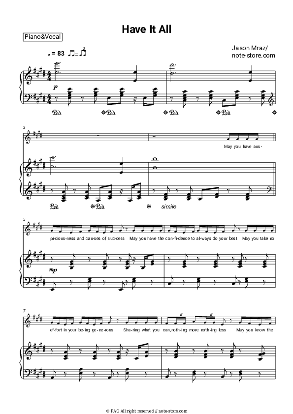 Have It All - Jason Mraz Piano Sheet Music with the Voice part - Piano&Vocal