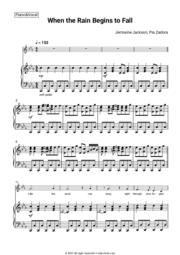 When the Rain Begins to Fall - Jermaine Jackson, Pia Zadora Piano Sheet Music with the Voice part - Piano&Vocal