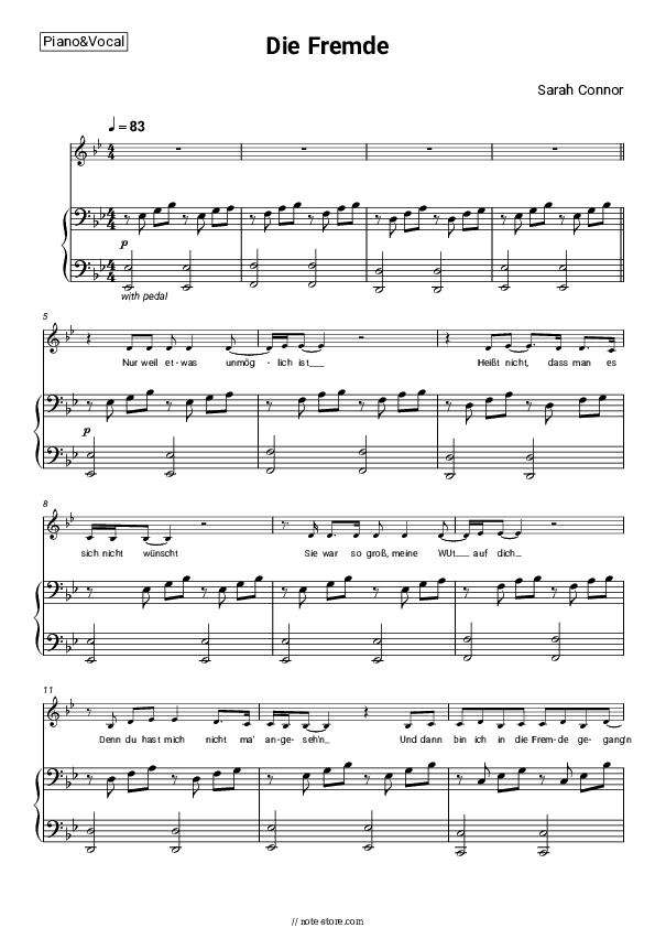 Die Fremde - Sarah Connor Piano Sheet Music with the Voice part - Piano&Vocal