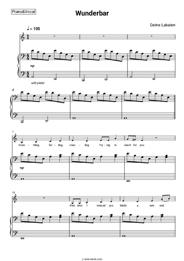 Wunderbar - Deine Lakaien Piano Sheet Music with the Voice part - Piano&Vocal