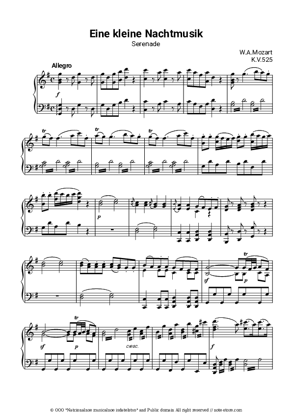 Serenade No. 13 in G Major, K. 525, (Eine kleine Nachtmusik), I. Allegro - Wolfgang Amadeus Mozart Piano Sheet Music - Piano.Solo