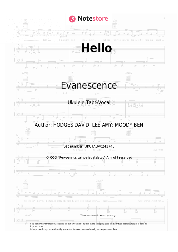 Hello - Evanescence Sheet Music - Ukulele.Tab&Vocal