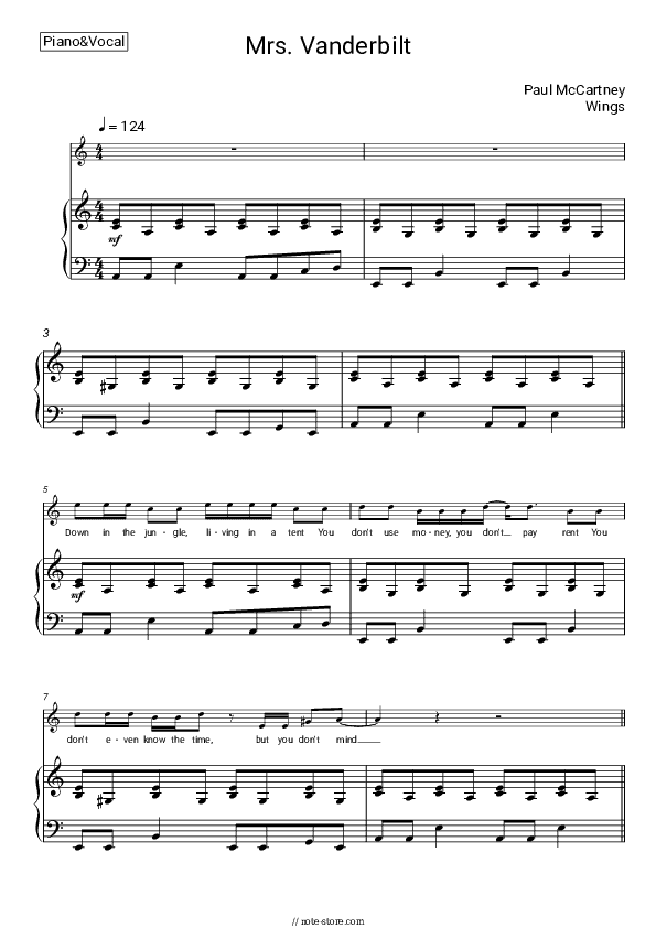 Mrs Vandebilt - Paul McCartney and Wings, Paul McCartney Piano Sheet Music with the Voice part - Piano&Vocal