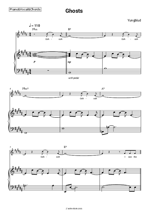 Ghosts - Yungblud Piano Sheet Music with the Vocal and Chords - Piano&Vocal&Chords