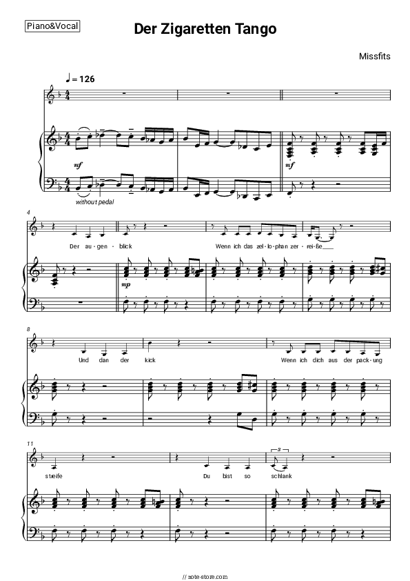 Der Zigaretten Tango - Missfits Piano Sheet Music with the Voice part - Piano&Vocal