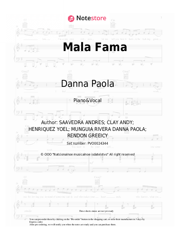 Mala Fama - Danna Paola Piano Sheet Music with the Voice part - Piano&Vocal