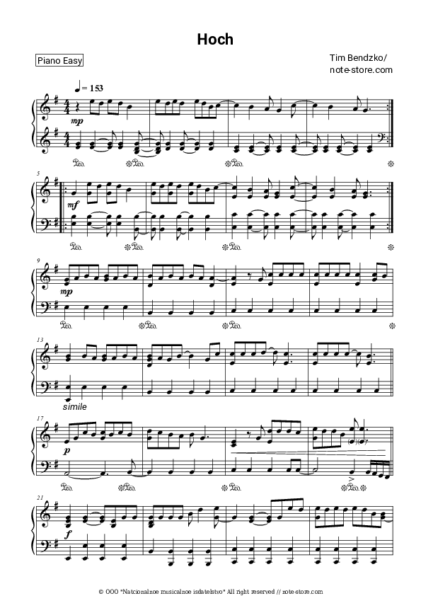 Hoch - Tim Bendzko Piano Sheet Music Easy - Piano.Easy