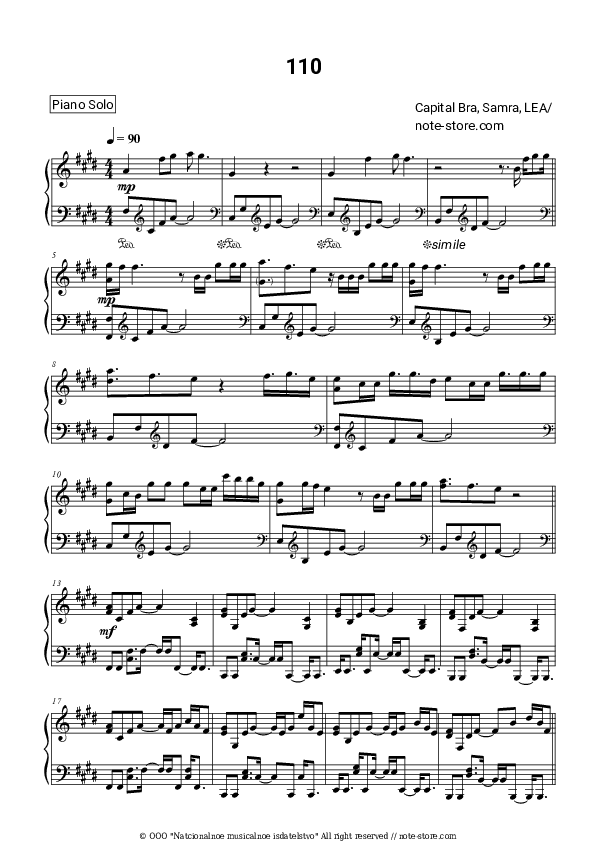 110 - Capital Bra, Samra, LEA Piano Sheet Music - Piano.Solo