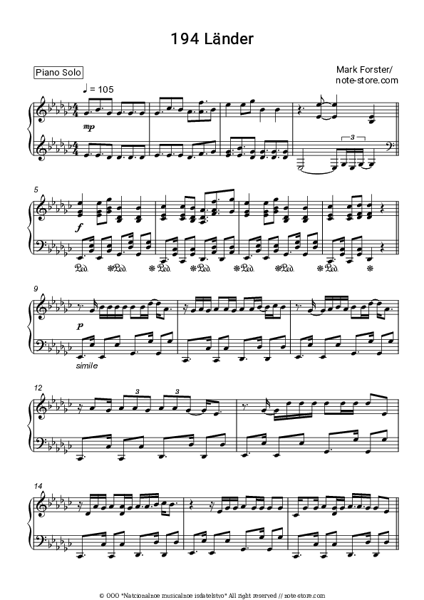 194 Lander - Mark Forster Piano Sheet Music - Piano.Solo