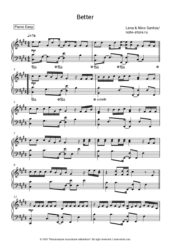 Better - Lena, Nico Santos Piano Sheet Music Easy - Piano.Easy