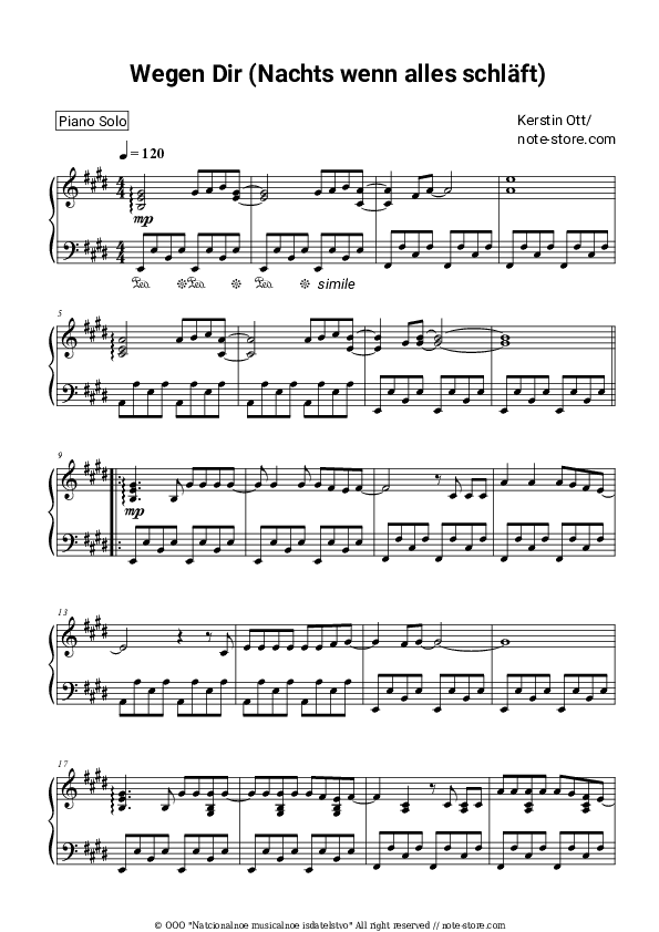 Wegen Dir (Nachts wenn alles schlaft) - Kerstin Ott Piano Sheet Music - Piano.Solo