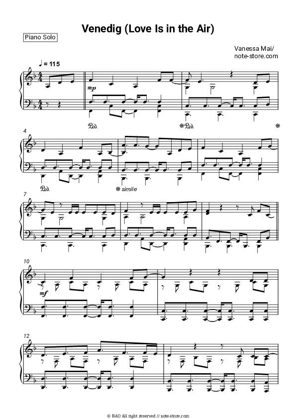 Venedig (Love Is in the Air) - Vanessa Mai Piano Sheet Music - Piano.Solo