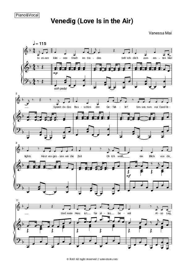 Venedig (Love Is in the Air) - Vanessa Mai Piano Sheet Music with the Voice part - Piano&Vocal