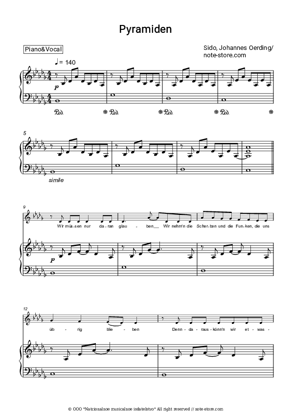 Pyramiden - Sido, Johannes Oerding Piano Sheet Music with the Voice part - Piano&Vocal
