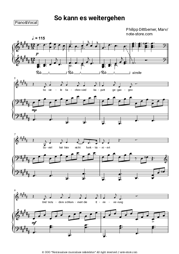 So kann es weitergehen - Philipp Dittberner, Marv Piano Sheet Music with the Voice part - Piano&Vocal
