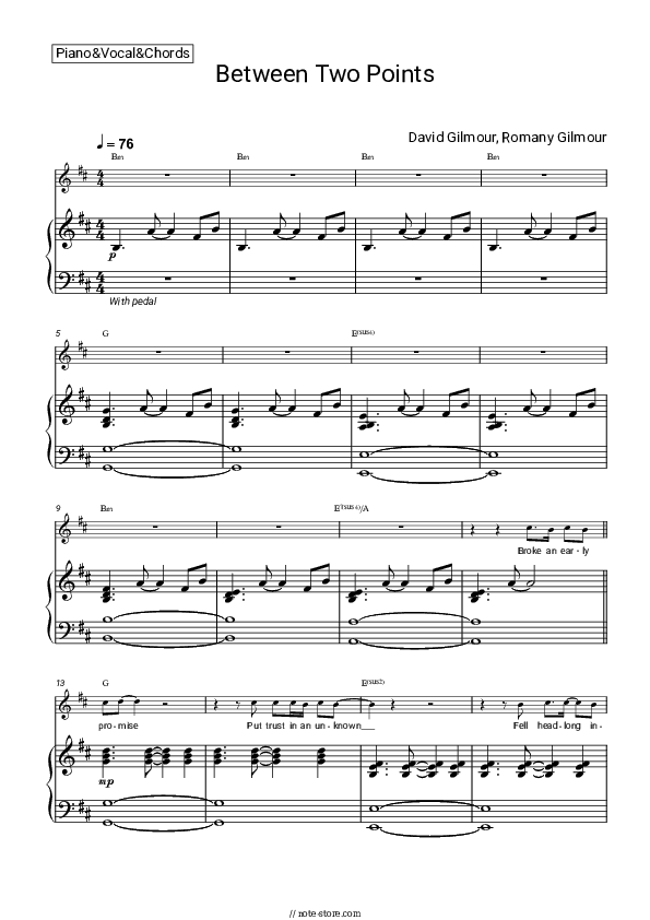 Between Two Points - David Gilmour, Romany Gilmour Piano Sheet Music with the Vocal and Chords - Piano&Vocal&Chords