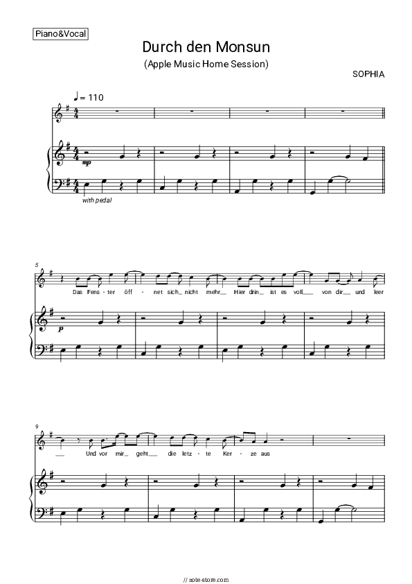 Durch den Monsun (Apple Music Home Session) - SOPHIA Piano Sheet Music with the Voice part - Piano&Vocal