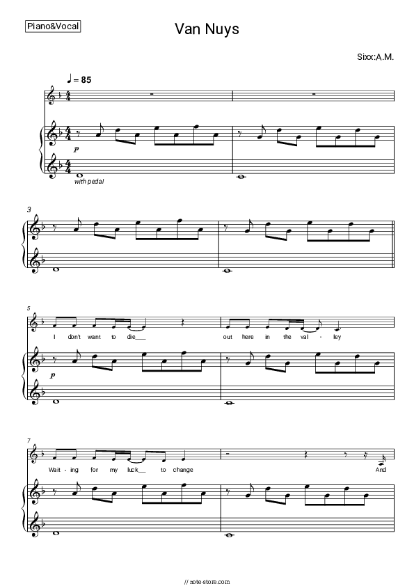 Van Nuys - Sixx:A.M. Piano Sheet Music with the Voice part - Piano&Vocal