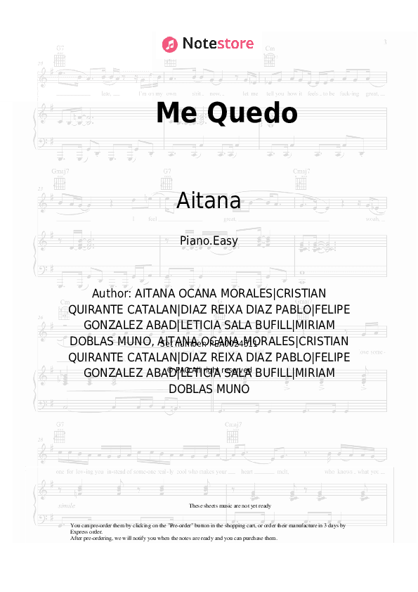 Me Quedo - Aitana, Lola Indigo Piano Sheet Music Easy - Piano.Easy