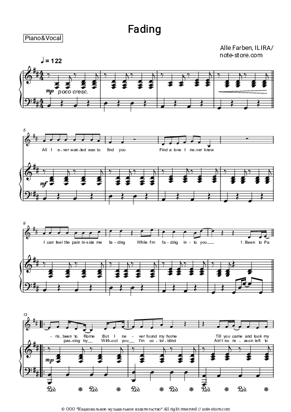 Fading - Alle Farben, ILIRA Piano Sheet Music with the Voice part - Piano&Vocal