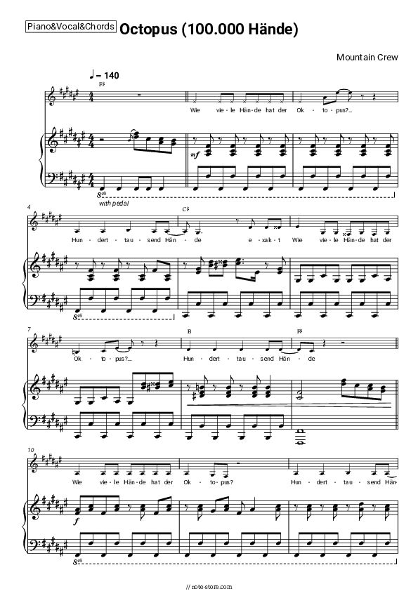 Octopus (100.000 Hände) - Mountain Crew Piano Sheet Music with the Vocal and Chords - Piano&Vocal&Chords