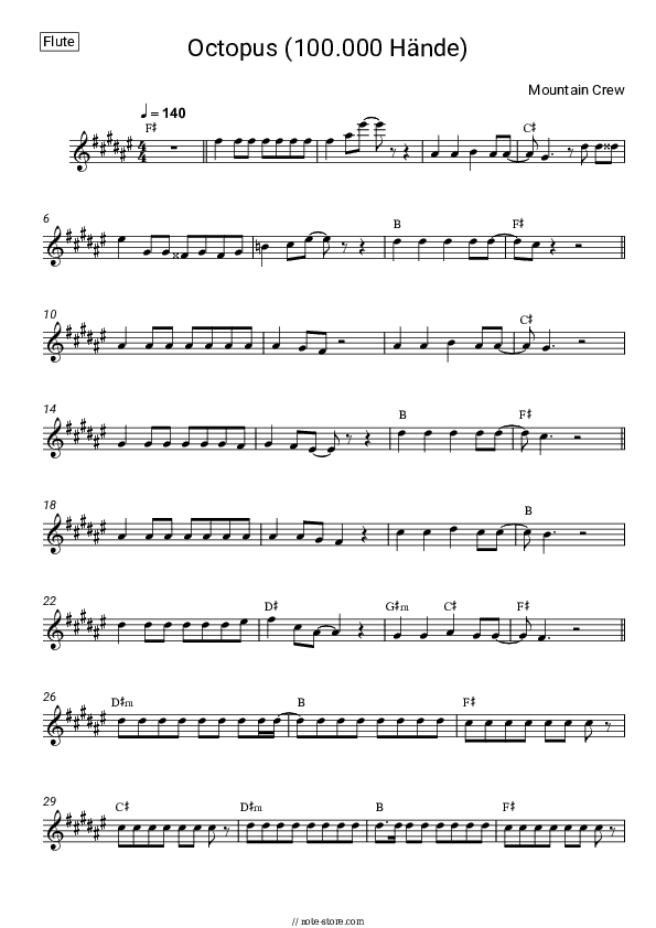 Octopus (100.000 Hände) - Mountain Crew Flute Sheet Music - Flute