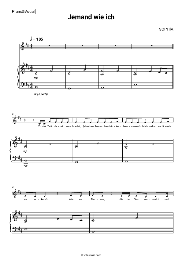 Jemand wie ich - SOPHIA Piano Sheet Music with the Voice part - Piano&Vocal